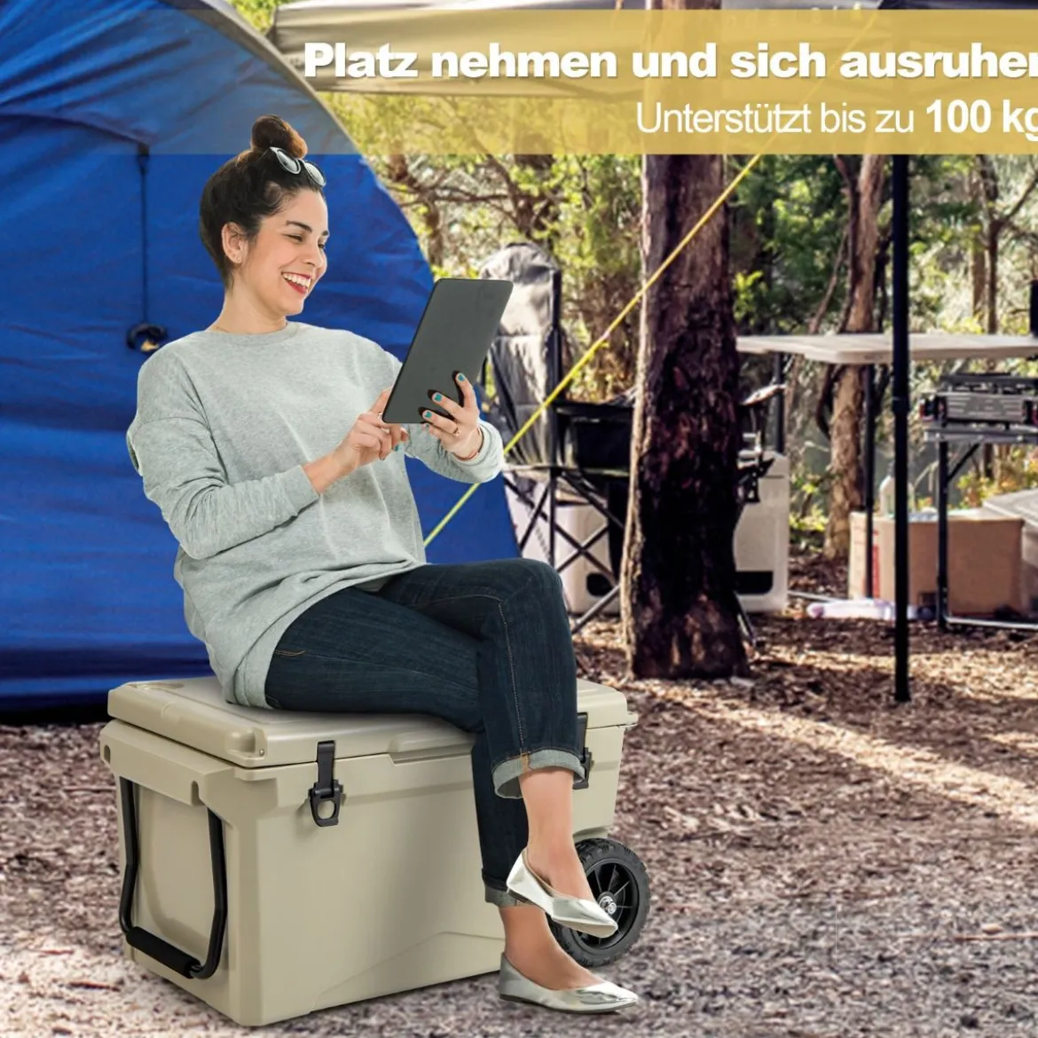 71L Isolierbox mit Flaschenöffner & Griff & Rädern Tragbare Kühlbox Wärmebehälter Khaki