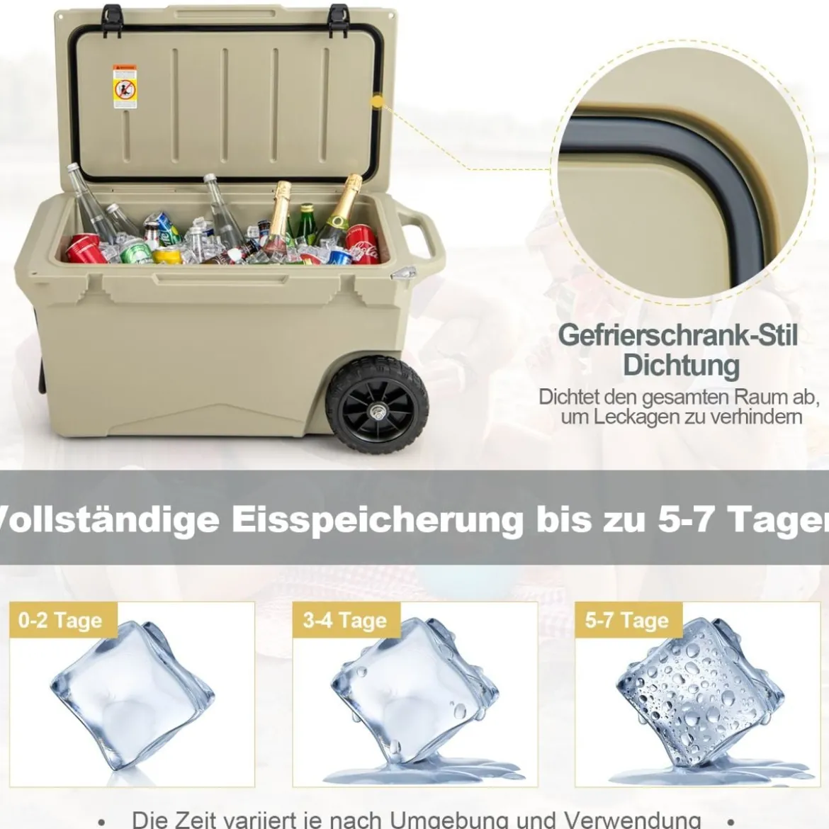 71L Isolierbox mit Flaschenöffner & Griff & Rädern Tragbare Kühlbox Wärmebehälter Khaki