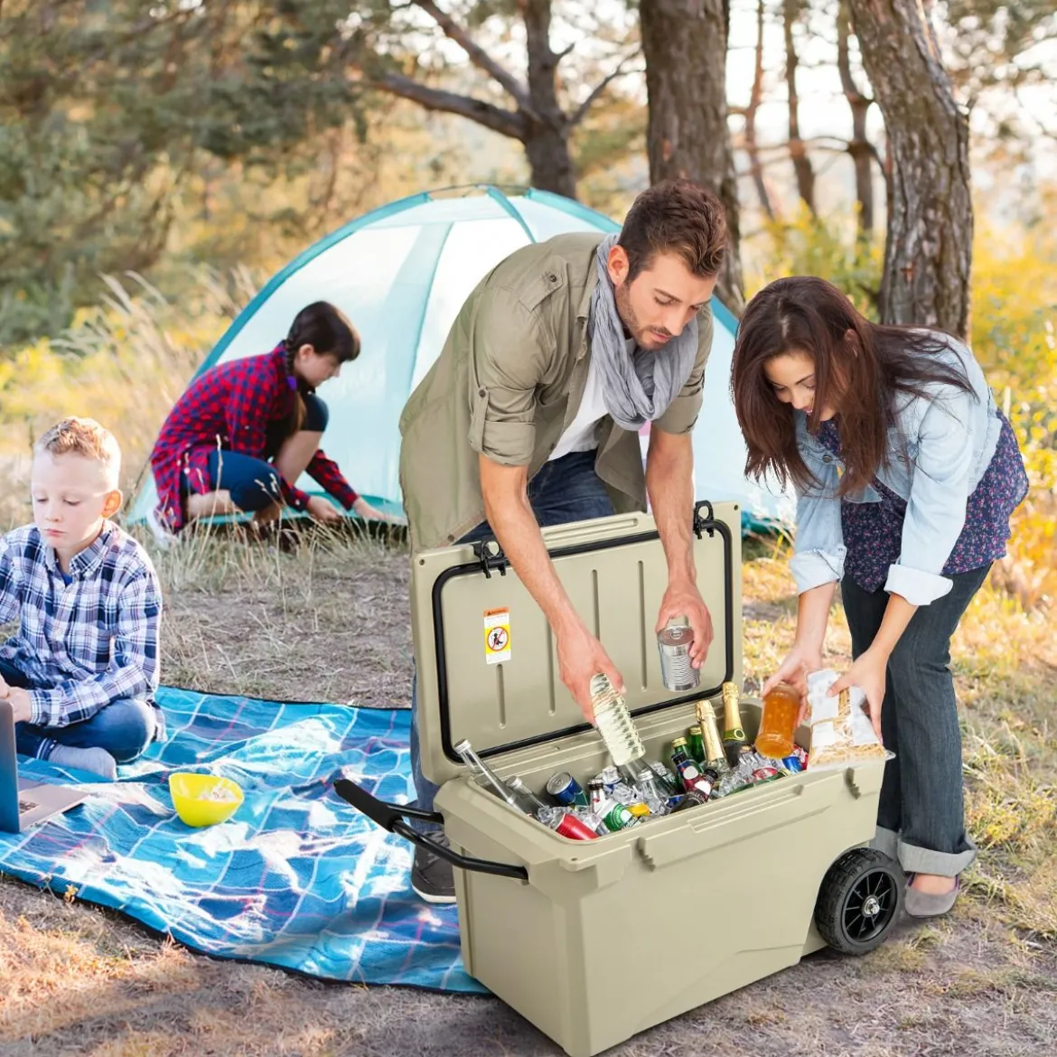71L Isolierbox mit Flaschenöffner & Griff & Rädern Tragbare Kühlbox Wärmebehälter Khaki