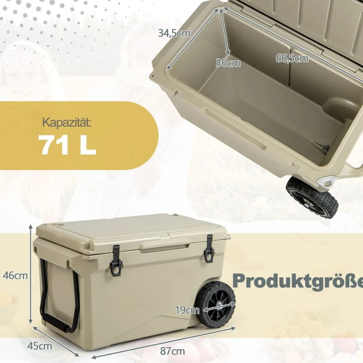 71L Isolierbox mit Flaschenöffner & Griff & Rädern Tragbare Kühlbox Wärmebehälter Khaki