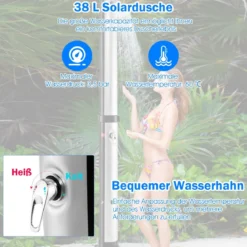 38 Liter Solardusche mit Schwenkbarem Duschkopf & Fußdusche bis 60°C 217,5 cm Silber