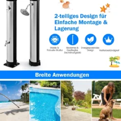 38 Liter Solardusche mit Schwenkbarem Duschkopf & Fußdusche bis 60°C 217,5 cm Silber