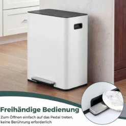 60L Küche Mülleimer aus Edelstahl mit Pedal & Softclose Deckel 2 Fächer Mülltrennsystem Weiß