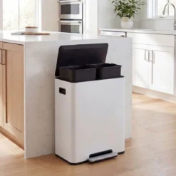 60L Küche Mülleimer aus Edelstahl mit Pedal & Softclose Deckel 2 Fächer Mülltrennsystem Weiß