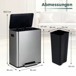 60L Küche Mülleimer aus Edelstahl mit Pedal & Softclose Deckel 2 Fächer Mülltrennsystem Silber