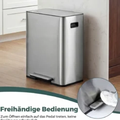 60L Küche Mülleimer aus Edelstahl mit Pedal & Softclose Deckel 2 Fächer Mülltrennsystem Silber