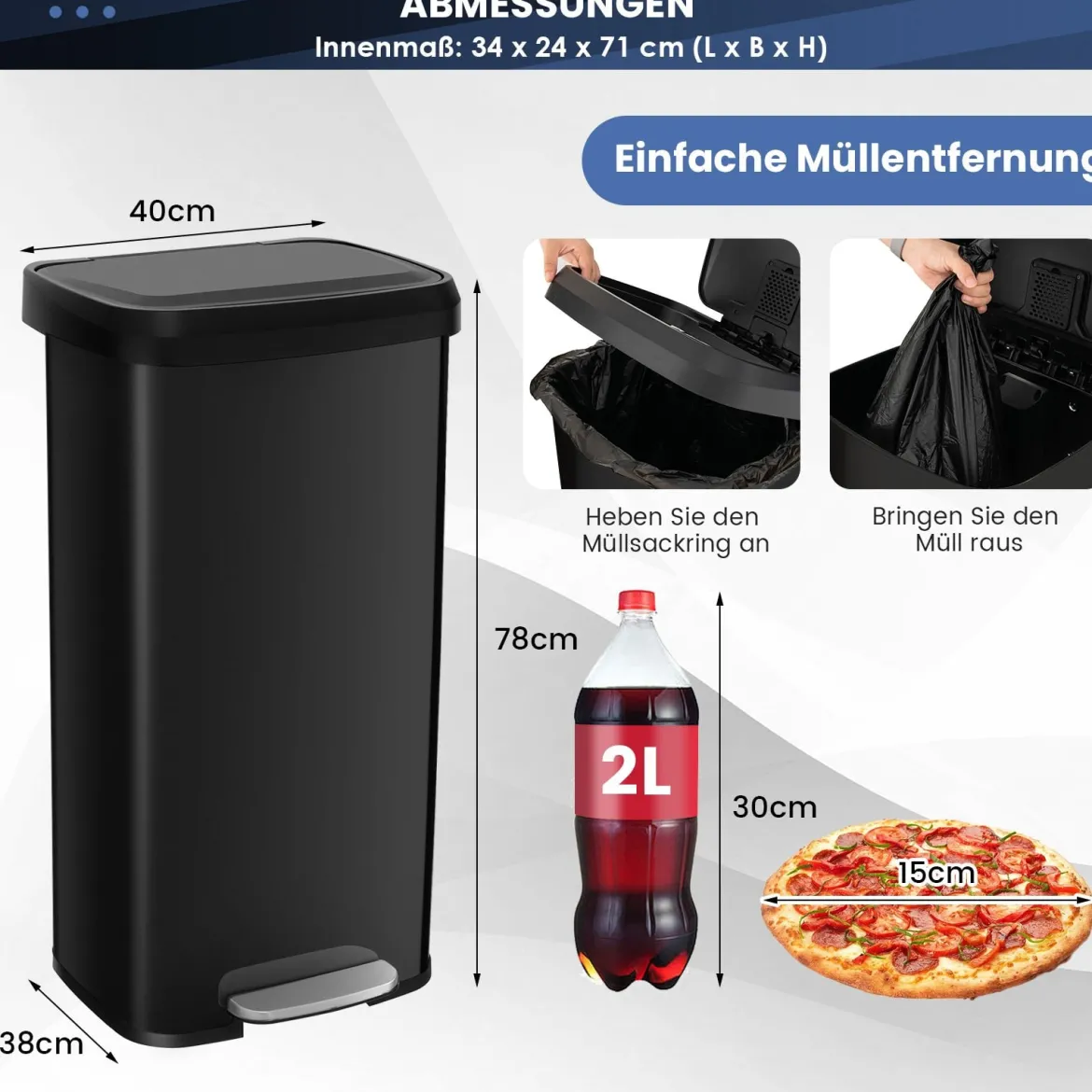 68L Küche Mülleimer mit Sanft Schließendem Deckel & Desodorierungsfach Abfalleimer Schwarz