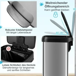50L Küche Mülleimer mit Sanft Schließendem Deckel & Desodorierungsfach Abfalleimer Silber