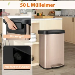 50L Küche Mülleimer mit Sanft Schließendem Deckel & Desodorierungsfach Abfalleimer Roségold