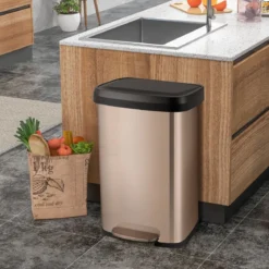 50L Küche Mülleimer mit Sanft Schließendem Deckel & Desodorierungsfach Abfalleimer Roségold