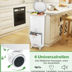 42L Küchenmülleimer mit Deckel & 3 Fächern Tretmülleimer & Fußpedal & Rädern Weiß