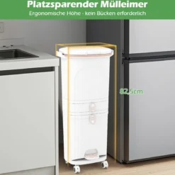 42L Küchenmülleimer mit Deckel & 3 Fächern Tretmülleimer & Fußpedal & Rädern Weiß
