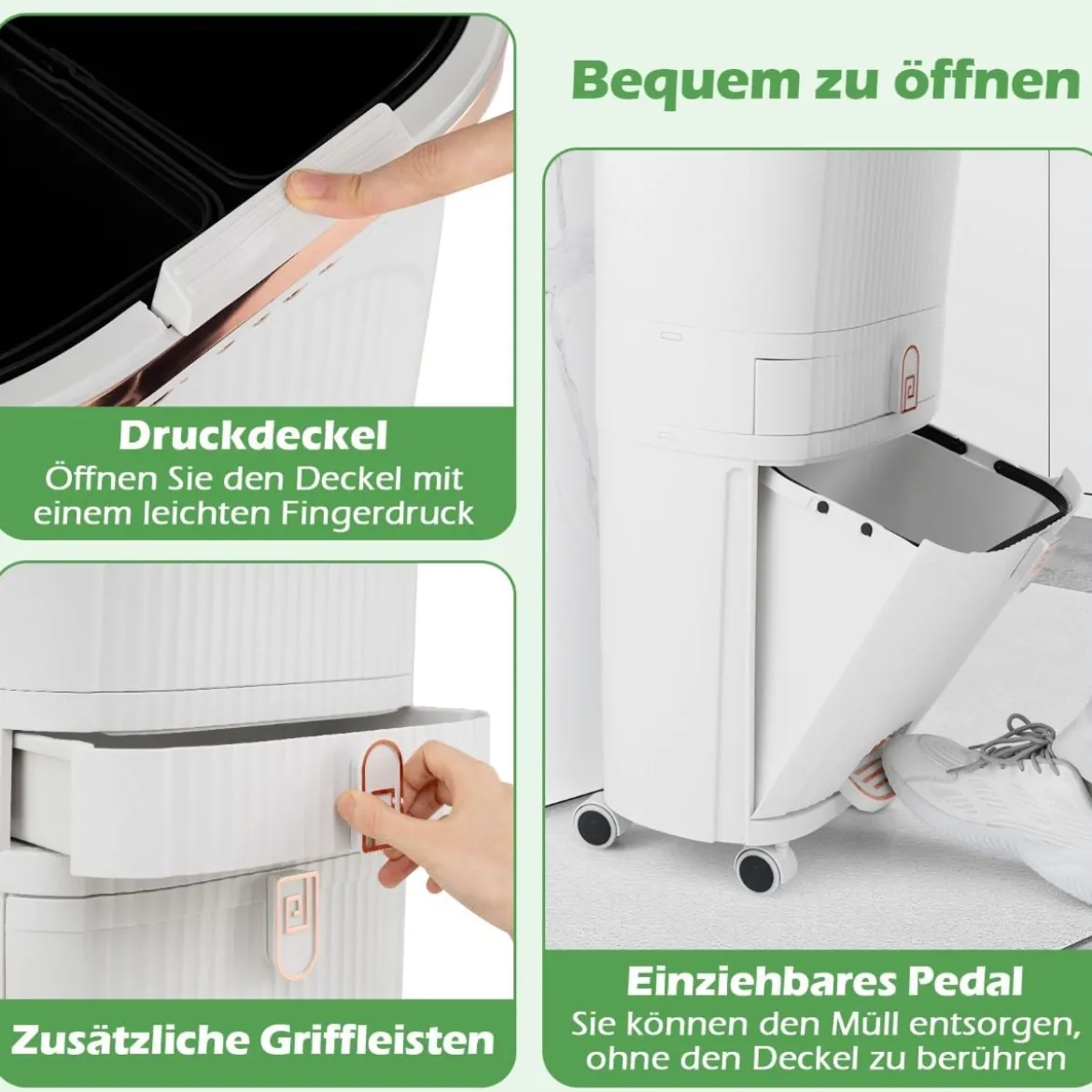 42L Küchenmülleimer mit Deckel & 3 Fächern Tretmülleimer & Fußpedal & Rädern Weiß