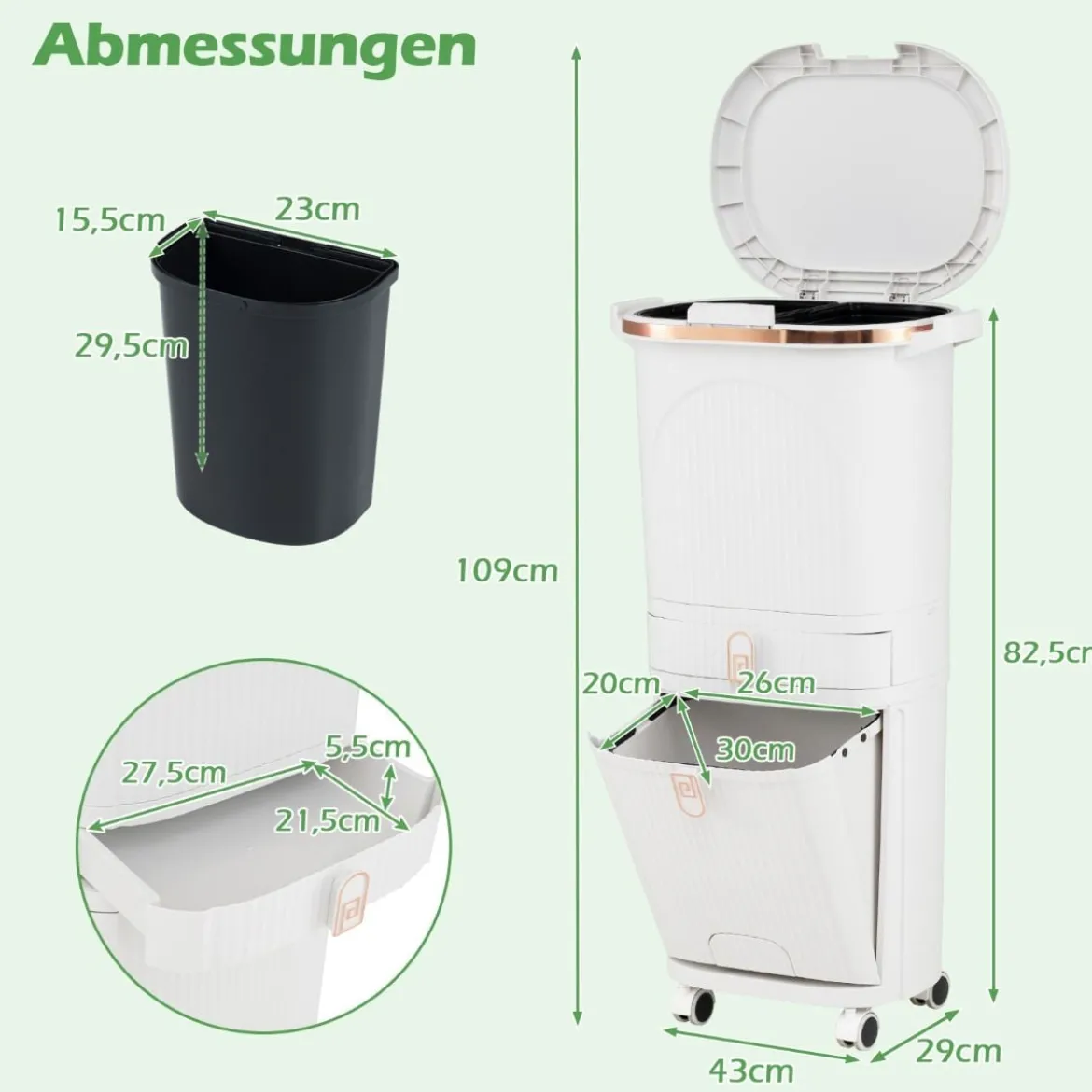 42L Küchenmülleimer mit Deckel & 3 Fächern Tretmülleimer & Fußpedal & Rädern Weiß