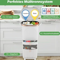 42L Küchenmülleimer mit Deckel & 3 Fächern Tretmülleimer & Fußpedal & Rädern Weiß