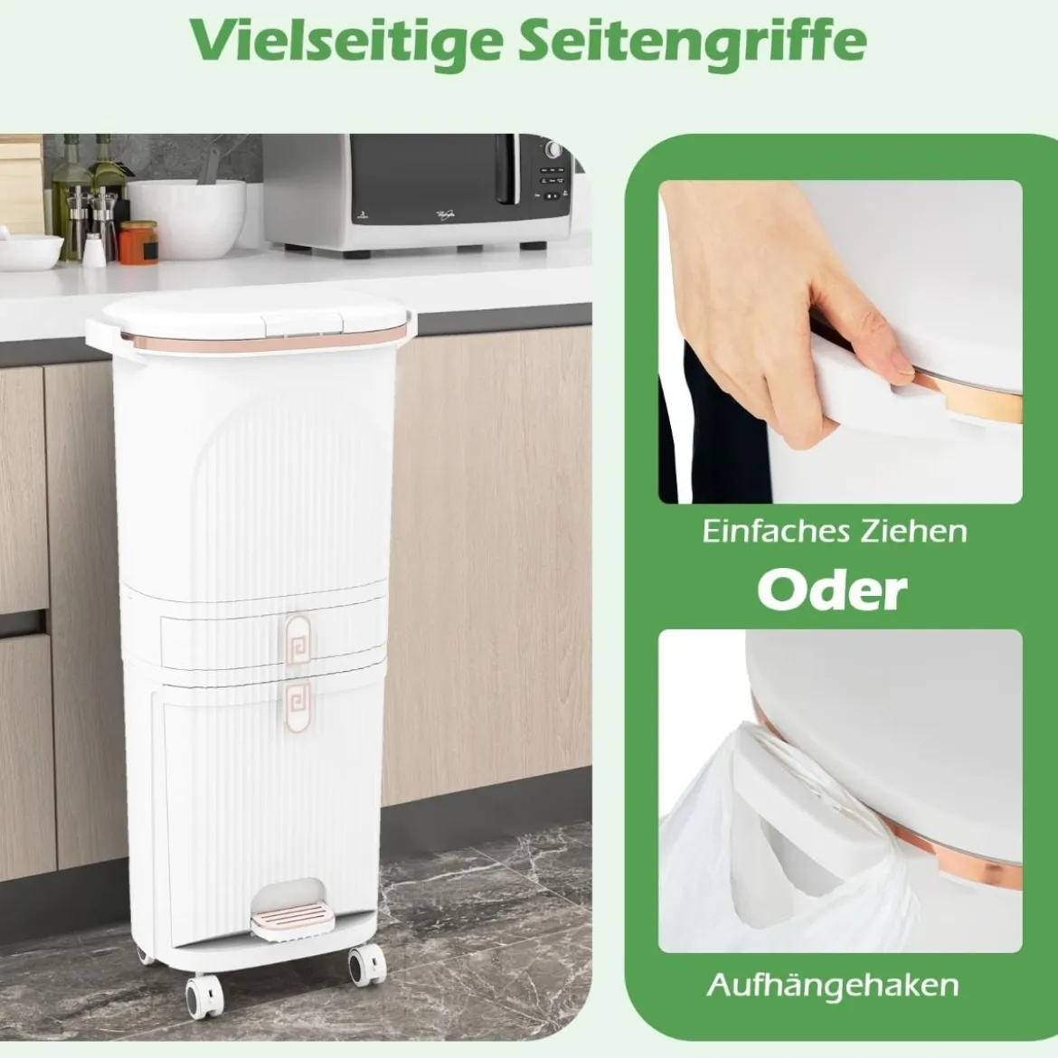 42L Küchenmülleimer mit Deckel & 3 Fächern Tretmülleimer & Fußpedal & Rädern Weiß
