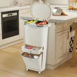 42L Küchenmülleimer mit Deckel & 3 Fächern Tretmülleimer & Fußpedal & Rädern Beige