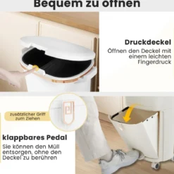 38L Küchenmülleimer mit Deckel & 2 Herausnehmbaren Behältern & Fußpedal & Rädern Weiß