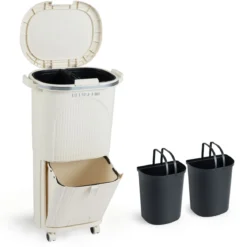 38L Küchenmülleimer mit Deckel & 2 Herausnehmbaren Behältern & Fußpedal & Rädern Beige