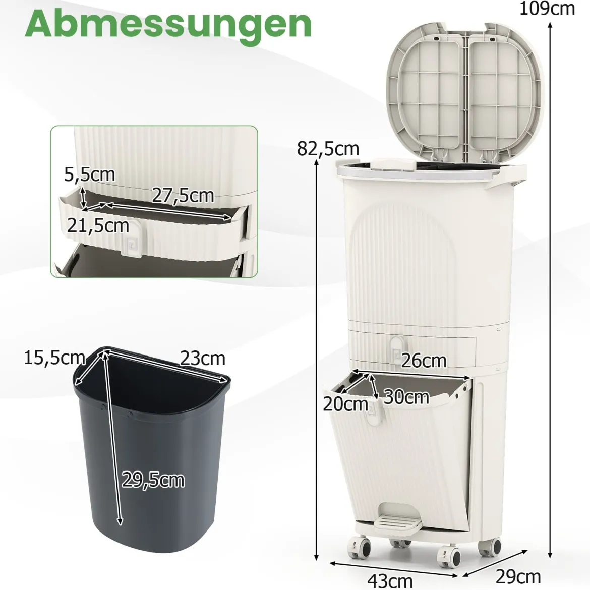 42L Küchenmülleimer mit Deckel 3-stufiger Sortiermülleimer mit 2 abnehmbaren Behältern Beige