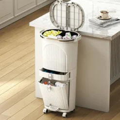 42L Küchenmülleimer mit Deckel 3-stufiger Sortiermülleimer mit 2 abnehmbaren Behältern Beige