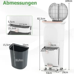 42L Küchenmülleimer mit Deckel 3-stufiger Sortiermülleimer mit 2 abnehmbaren Behältern Weiß