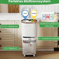 42L Küchenmülleimer mit Deckel 3-stufiger Sortiermülleimer mit 2 abnehmbaren Behältern Weiß