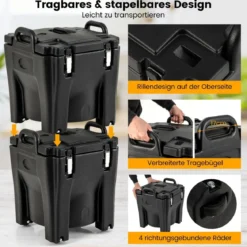 30L Kühlbox Isolierbox mit Rollen mit Bremsen Stapelbare Thermobox mit Edelstahl-Innenseite 44 x 44 x 53 cm Schwarz