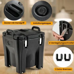 30L Kühlbox Isolierbox mit Rollen mit Bremsen Stapelbare Thermobox mit Edelstahl-Innenseite 44 x 44 x 53 cm Schwarz
