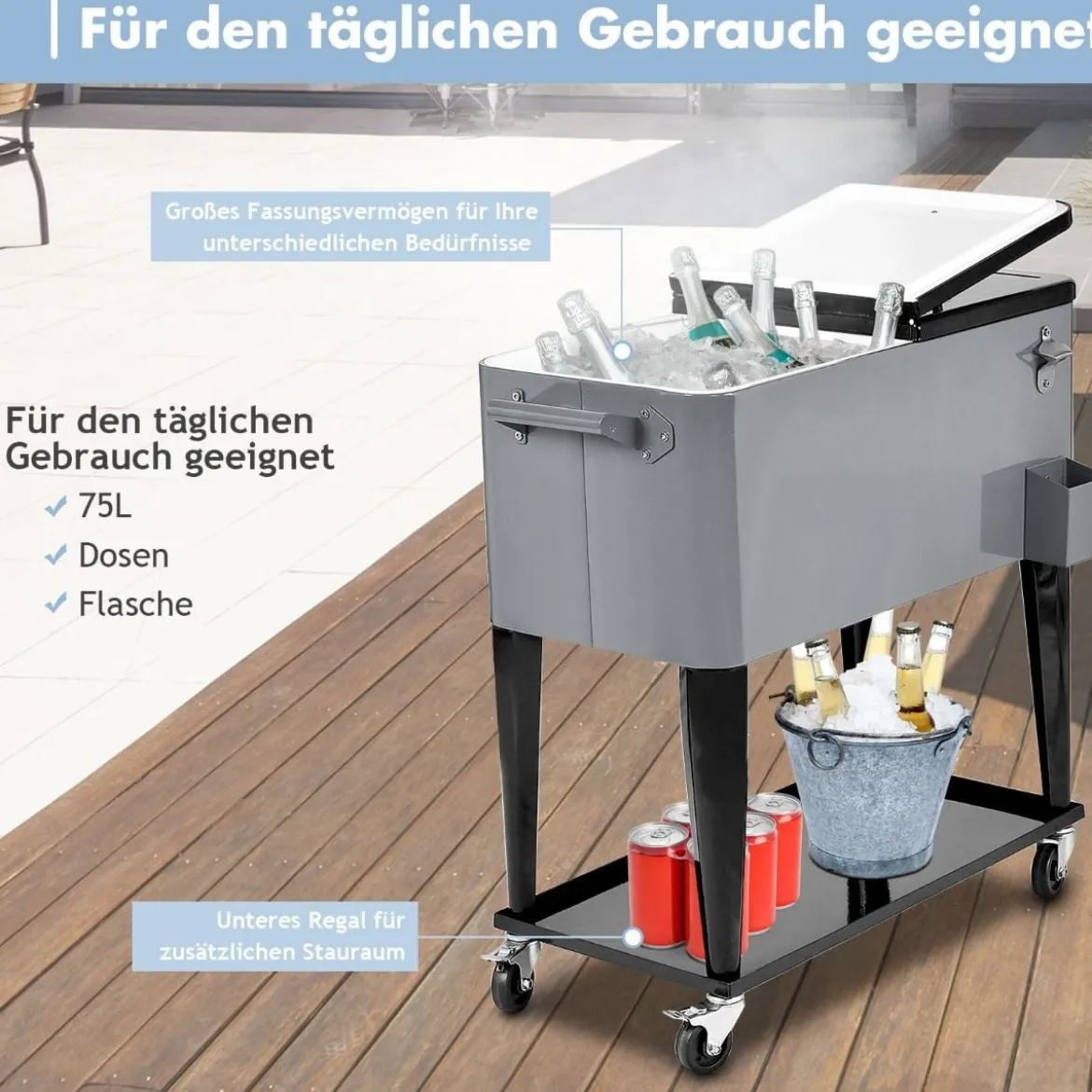 76L Kühlwagen mit Ablagefläche & Flaschenöffner Servierwagen Kühlbox mit Rädern Kühlbehälter Silber