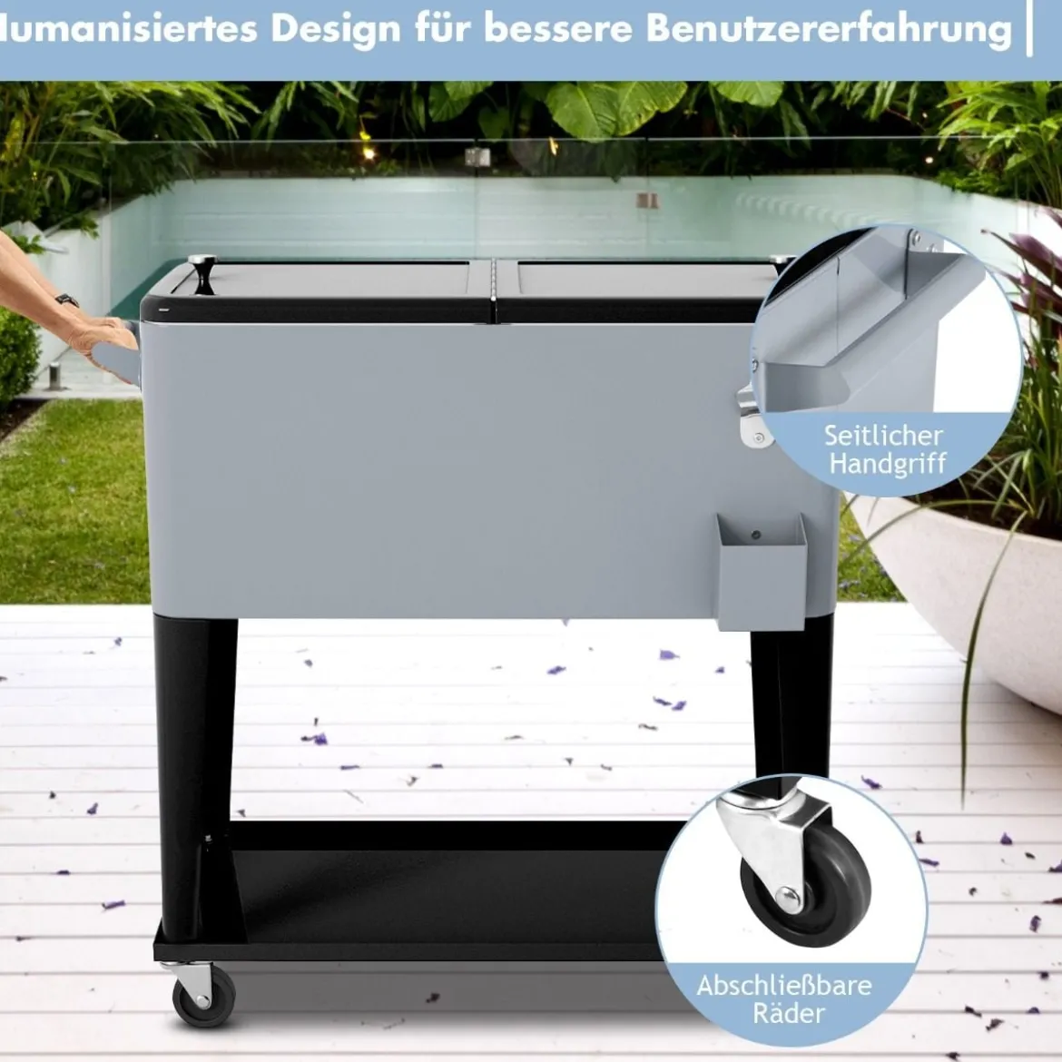 76L Kühlwagen mit Ablagefläche & Flaschenöffner Servierwagen Kühlbox mit Rädern Kühlbehälter Silber