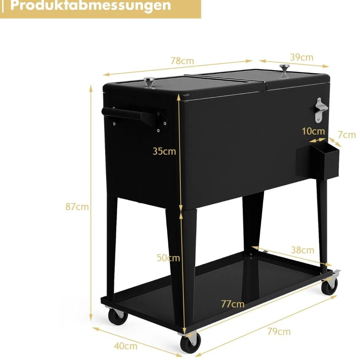 76L Kühlwagen mit Ablagefläche & Flaschenöffner Servierwagen Kühlbox mit Rädern Kühlbehälter Schwarz