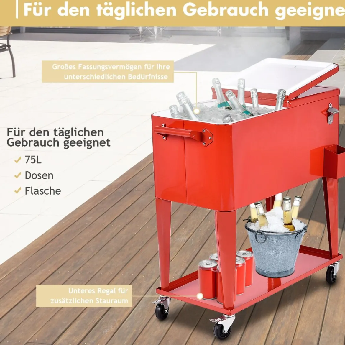 76L Kühlwagen mit Ablagefläche & Flaschenöffner Servierwagen Kühlbox mit Rädern Kühlbehälter Rot