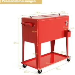 76L Kühlwagen mit Ablagefläche & Flaschenöffner Servierwagen Kühlbox mit Rädern Kühlbehälter Rot