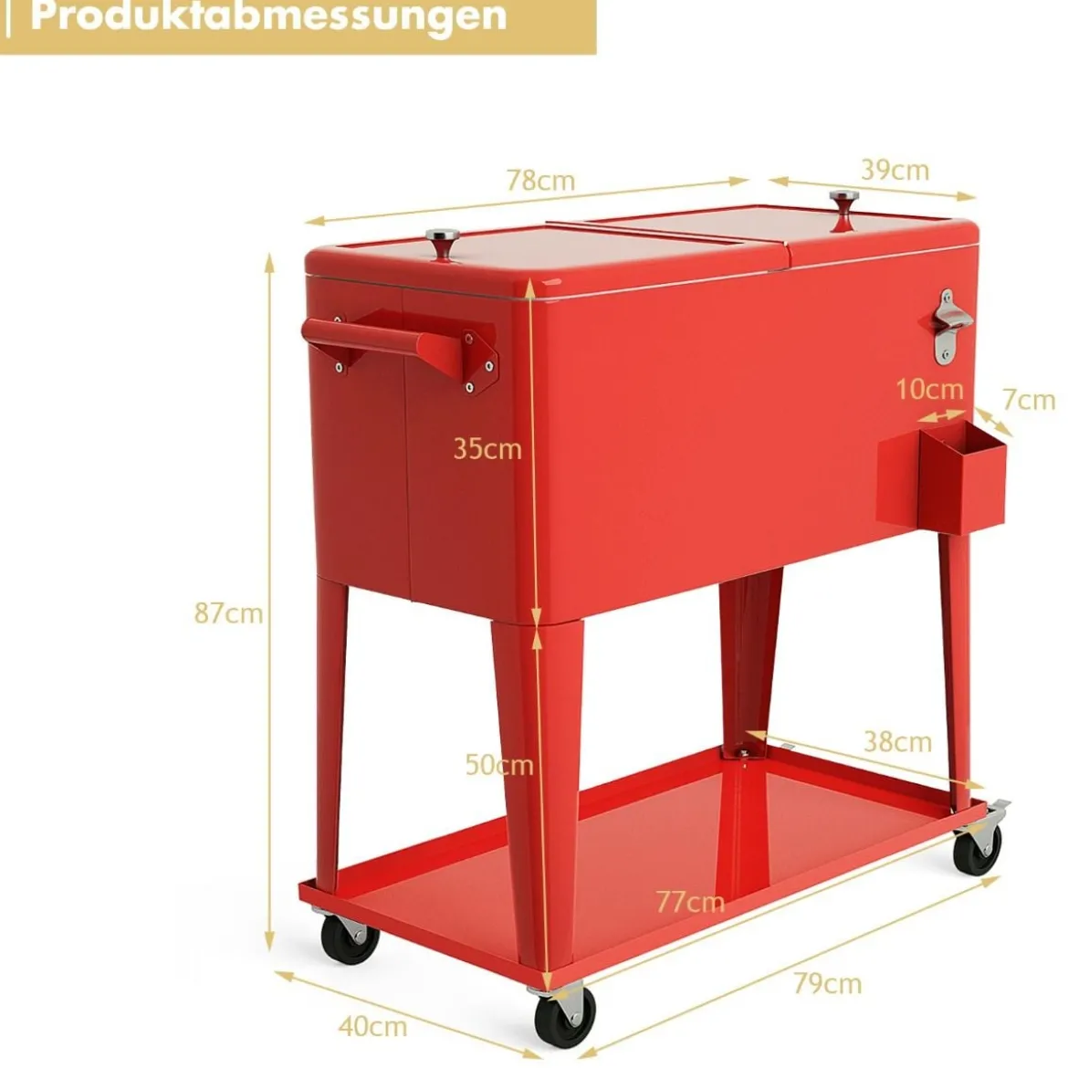 76L Kühlwagen mit Ablagefläche & Flaschenöffner Servierwagen Kühlbox mit Rädern Kühlbehälter Rot