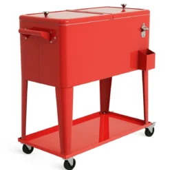 76L Kühlwagen mit Ablagefläche & Flaschenöffner Servierwagen Kühlbox mit Rädern Kühlbehälter Rot