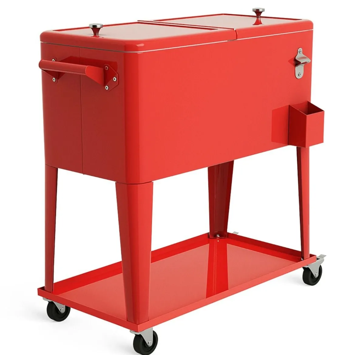 76L Kühlwagen mit Ablagefläche & Flaschenöffner Servierwagen Kühlbox mit Rädern Kühlbehälter Rot
