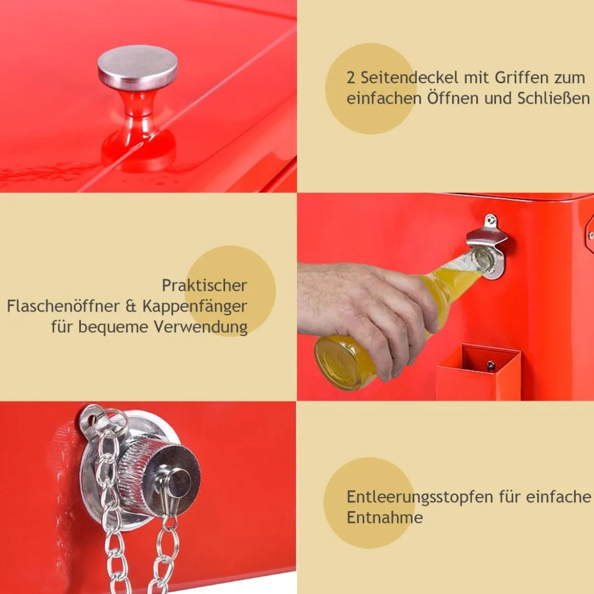 76L Kühlwagen mit Ablagefläche & Flaschenöffner Servierwagen Kühlbox mit Rädern Kühlbehälter Rot