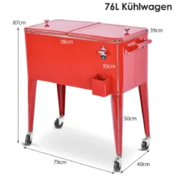 76L Kühlwagen mit Rädern Beistellwagen Mobile Kühlbox Getränkewagen 91 x 48 x 87 cm Rot