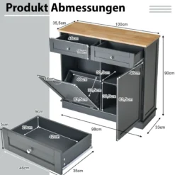 42L Kommode für Mülleimer mit Großer Arbeitplatte & 2 Schubladen & Verstellbarem Regal