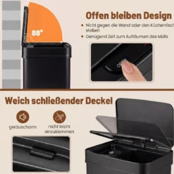 72L-Müllbehälter aus Edelstahl Mülleimer mit Küchenabfallbehälter 42 x 32–58 x 84–110 cm Schwarz