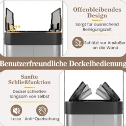 60 L Mülleimer mit Flügelklappen & Infrarot-Bewegungssensor Edelstahl Abfalleimer Silber