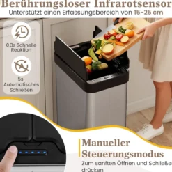 60 L Mülleimer mit Flügelklappen & Infrarot-Bewegungssensor Edelstahl Abfalleimer Silber