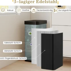 60 L Mülleimer mit Flügelklappen & Infrarot-Bewegungssensor Edelstahl Abfalleimer Schwarz