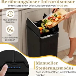 60 L Mülleimer mit Flügelklappen & Infrarot-Bewegungssensor Edelstahl Abfalleimer Schwarz