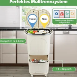 38L Mülleimer mit 2 Herausnehmbaren Eimern & Deckel & Fußpedal & Rädern Abfalleimer Beige