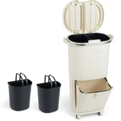 38L Mülleimer mit 2 Herausnehmbaren Eimern & Deckel & Fußpedal & Rädern Abfalleimer Beige