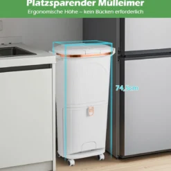 38L Mülleimer mit 2 Herausnehmbaren Eimern & Deckel & Fußpedal & Rädern Abfalleimer Weiß