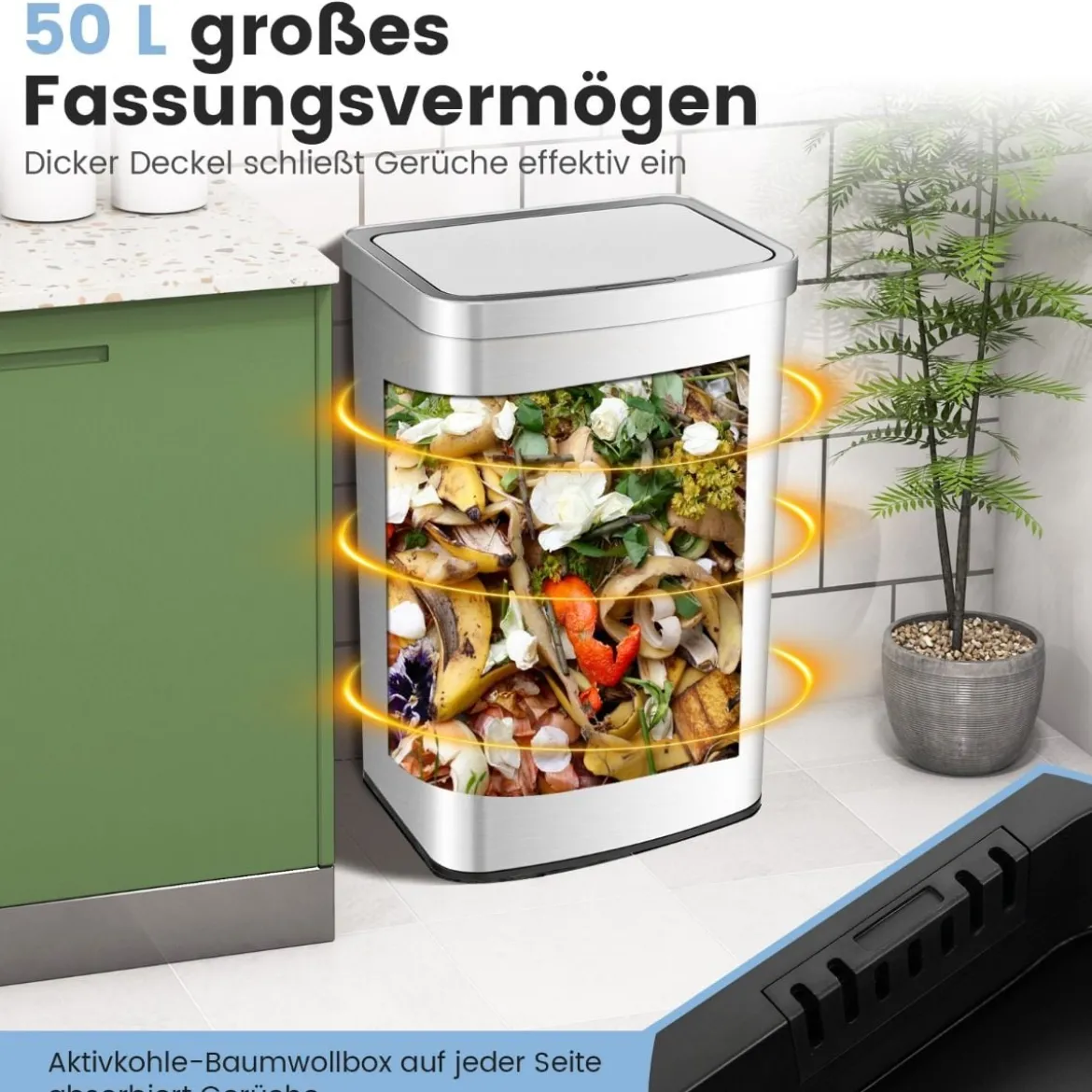 50L Mülleimer mit Sensor & Deckel Automatischer Abfalleimer aus Edelstahl & Kunststoff