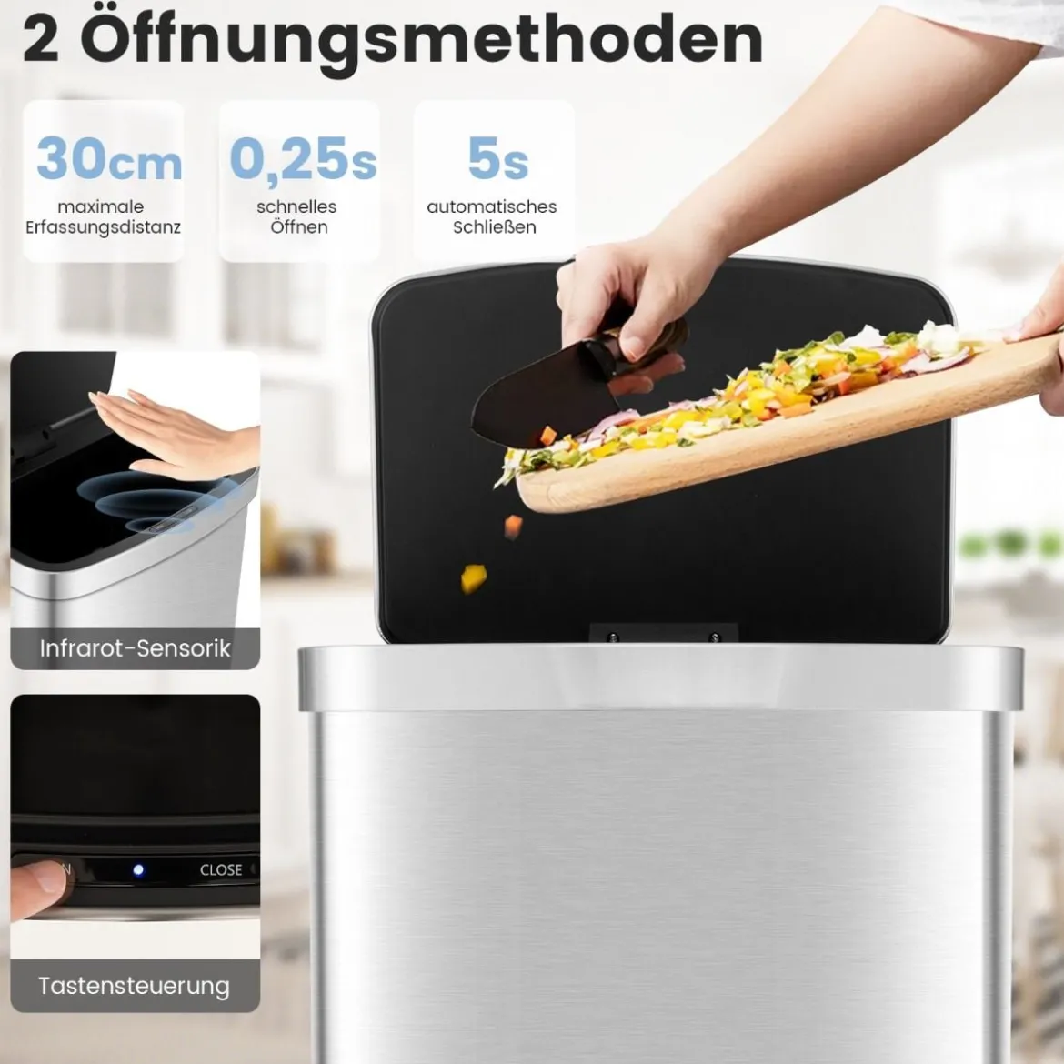 50L Mülleimer mit Sensor & Deckel Automatischer Abfalleimer aus Edelstahl & Kunststoff